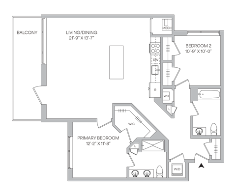 Floorplan of a 1,222 square foot 2 bedroom 2 bath apartment with a balcony